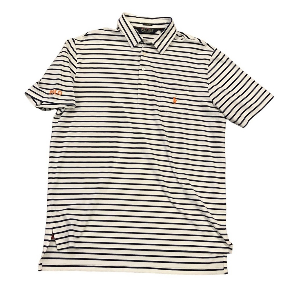 Polo Golf Ralph Lauren Mens L Shirt Stretch Blue White Stripe Pima Cotton Blend
